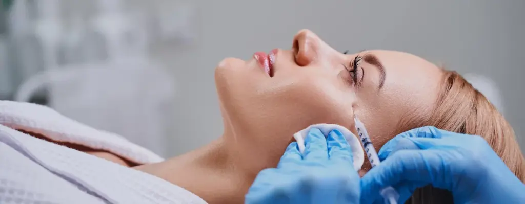 A patient receiving an injection beside the eye from gloved hands